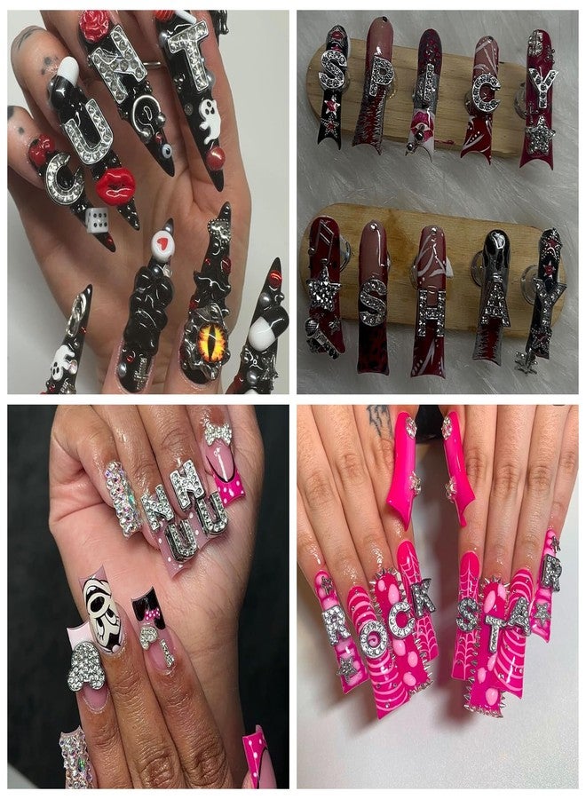 BHCCXZ 70PCS Nail Charms Alloy Sliver Large Letters Charm Piercing Nail Charms for Nails Design，3D Y2k Nail Jewels Bulk Nail Art Decor Set - Image 3